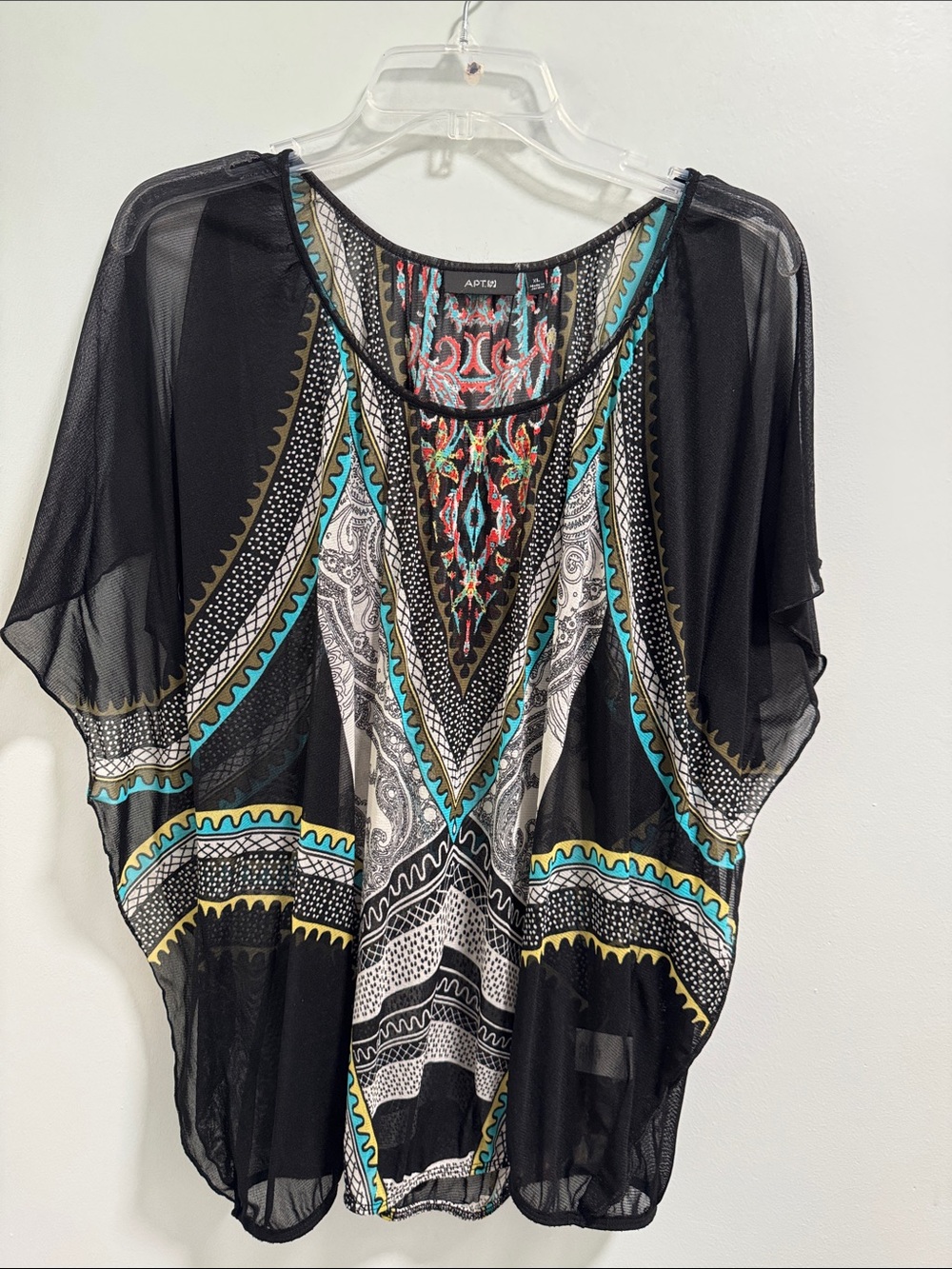 APT. 9 Black Sheer V-Neck Printed Dolman Top